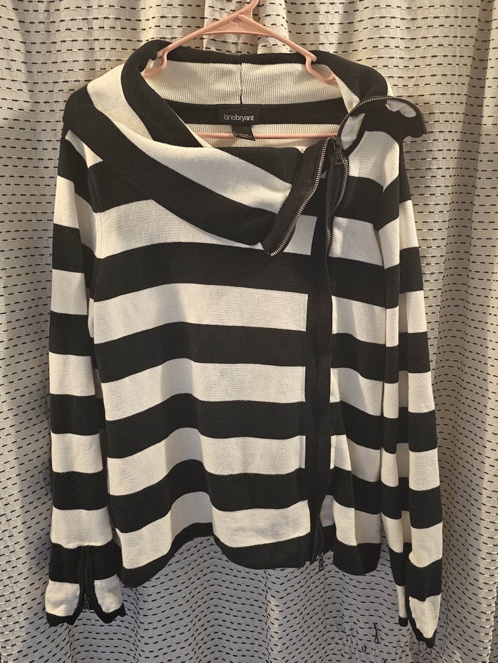 Lane Bryant Navy Blue and White Striped Zip-Front Cowl Cardigan